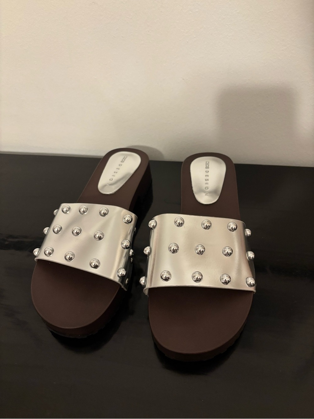 ASOS Silver Studded Slide Mules with Brown Footbed